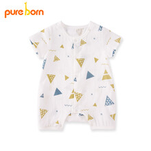 pureborn夏季新款宝宝纱布中开扣短袖爬服婴儿连体衣哈衣薄款 三角块蓝満印 6-9个月