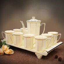 美瓷工坊 欧式咖啡具套装 宫廷陶瓷茶具 大容量水具杯具凉水壶套装 下午茶咖啡杯茶杯 欧韵华庭2100 中号壶+8小号杯+小号陶瓷四脚托盘