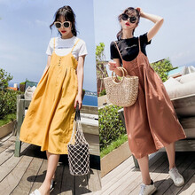 孕妇装夏装外出2019新款套装孕妇连衣裙中长款时尚潮妈孕妇裙子套装夏季宽松透气背带裤裙 黄色 M