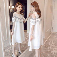孕妇装夏装2019新款漏肩孕妇连衣裙中长款时尚潮妈孕妇裙子夏季 白色 XL