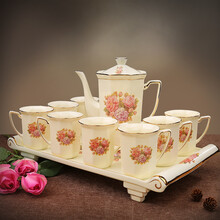 美瓷工坊 欧式咖啡具套装 宫廷陶瓷茶具 大容量水具杯具凉水壶套装 下午茶咖啡杯茶杯 巴黎春天2100 中号壶+8小号杯+小号陶瓷四脚托盘