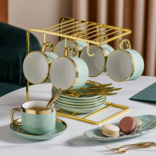 漫时光 欧式陶瓷咖啡杯套装英式下午茶杯拿铁杯马克杯 豆蔻绿-金边6杯6碟6羽翼勺+U型杯架
