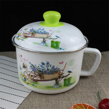 加厚搪瓷泡面碗带盖搪瓷饭缸怀旧老式学生打饭碗快餐杯带把泡面杯/搪瓷茶缸/水/豆浆杯/猪油盆/保鲜碗 16cm【双盖奶杯】推车