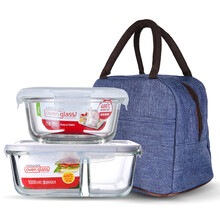 乐扣乐扣 耐热玻璃饭盒 微波炉专用分格保鲜盒 密封碗餐盒便当盒两件套 1000(三分隔)+650(圆形)ml 赠保温包