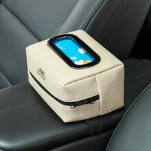 一车一友 车载纸巾盒汽车抽纸盒车用扶手箱挂式纸巾盒时尚创意餐巾纸盒套包车上卫生乘坐驾座椅背车内饰用品 【米色】十字纹短款14.5cm