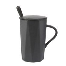 倾乐 陶瓷马克杯咖啡杯 简约颜值办公室喝水杯子奶茶杯 带盖带勺个性菱形杯 创意情侣杯牛奶杯男 390ML 灰色