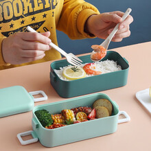 木丁丁 学生饭盒微波炉加热 小学生双层日式便当盒上班网红可爱塑料午餐盒轻便 日式双层饭盒【绿色】带叉勺