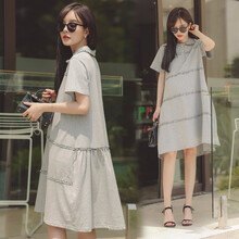米度丽 孕妈装孕妇夏装连衣裙春天裙子夏季时尚款宽松纯棉长款娃娃裙潮妈 花灰色 L