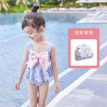 适合女童泳衣2021夏季新款女宝宝连体可爱蝴蝶泳装小童公主婴儿游泳衣小孩子的 雾霾蓝+泳帽 110(建议身高100-110CM)