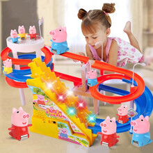 抖音同款小猪佩奇玩具 滑梯爬楼梯电动轨道车滑滑梯玩具车带灯带音乐海草猪男孩女孩送儿童玩具 【10只小猪】双轨道连接usb+音乐灯光 升级版