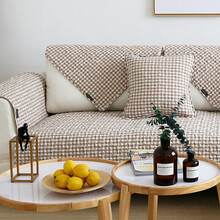 菲诗卡四季通用沙发垫套全包简约日式水洗棉防滑组合纯棉坐垫子套装布艺沙发罩巾-崎井 崎井-浅咖 70*150cm