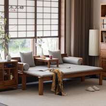 溪木工坊罗汉床新中式实木沙发床两用客厅茶室书房榆木家具 玲珑推拉罗汉床+炕桌+垫子