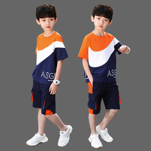 迈兜熊童装男童夏装套装2021新款中大童男孩夏季儿童洋气运动短袖工装五分裤两件套韩版潮 桔色 160码适合身高145-155CM