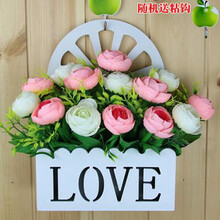 挂墙向日葵仿真花吊篮装饰客厅假花套装塑料栅栏墙壁挂花玫瑰干花 水珠茶花粉
