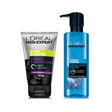 巴黎欧莱雅男士洗面奶爽肤水凝露乳液控油补水保湿滋润清痘抗黑头护肤品套装 水能水凝露120ml+抗黑头100ml