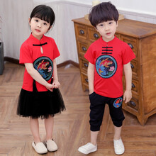 儿童汉服唐装男童书童套装女童春夏装演出服中国风宝宝复古装小女孩民族风裙子两件套服装 男童金鱼 130码