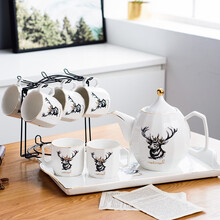 北欧咖啡杯套装家用简约现代欧式陶瓷茶盘茶壶茶杯整套喝茶茶具 麋鹿款