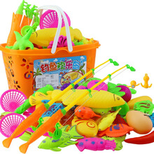 幼儿钓鱼玩具儿童磁性钩鱼池套装1-2-3-6周岁钓鱼竿玩具 钓鱼玩具 篮装48件套
