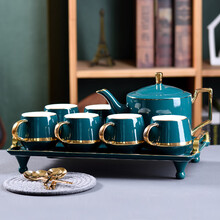 古莜 咖啡杯套装欧式咖啡杯碟北欧下午茶具陶瓷水具冷水壶水杯创意 孔雀绿一壶六杯六勺一托盘