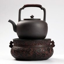 御汕堂原矿白泥陶壶煮茶器套装 台湾老岩泥手工静音电陶炉家用泡茶壶陶瓷茶具大号白陶壶 缠枝凌霄+莲花黑色