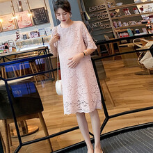 孕妇装夏装外出2019新款蕾丝孕妇连衣裙中长款时尚潮妈孕妇裙子夏季宽松透气 粉红色 M