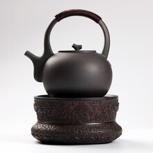 御汕堂台湾工艺老岩泥手作电陶炉白泥陶壶煮茶器套装家用煮茶烧水两用耐高温大号泡茶壶 缠枝牡丹+鹈鹕黑色