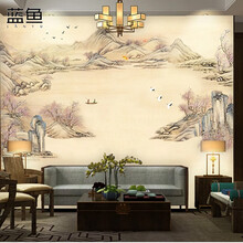 蓝鱼(LANYU)3D立体中国彩色新中式水墨电视背景墙壁纸墙布客厅卧室山水墙纸壁画定制 透气整张-无纺布