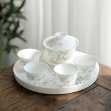 福雁坊 羊脂玉白瓷盖碗陶瓷泡茶器主人杯茶盏家用办公敬茶碗耐热防烫功夫茶具单个三才茶碗茶杯 自生釉玉脂瓷三才盖碗茶组[品竹]+品竹圆盘