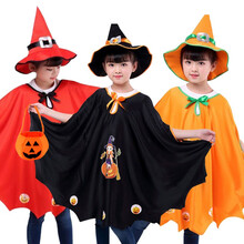 万圣节服装儿童披风道具男女孩cosplay装饰男童女童幼儿园演出装扮表演出服套装 黑色女巫披风+帽子+南瓜袋
