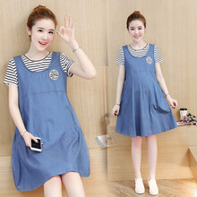 哺乳衣外出夏透气孕妇装夏装2019新款孕妇连衣裙中长款时尚潮妈孕妇裙子夏季宽松 蓝色两件套 M