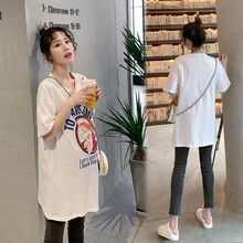 孕妇装夏装外出2019新款卡通上衣t恤孕妇连衣裙中长款时尚潮妈孕妇套装夏季宽松透气孕妇裙子 白色 L