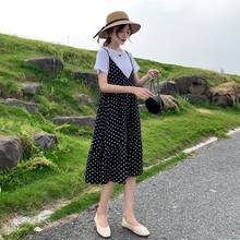 敏潮格伦~孕妇夏装连衣裙新款上衣时尚套装夏天裙子潮妈两件套女孕妈装 白色T+黑裙 M