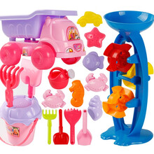 儿童沙滩玩具套装决明子挖沙挖掘机工程车宝宝沙子戏水铲子工具 多彩沙漏粉色车桶18件套