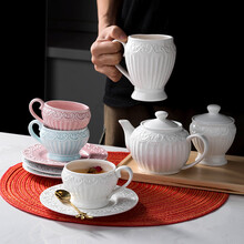 穆尼生活 浮雕蕾丝咖啡杯碟壶套装欧式小奢华带盖家用茶杯马克杯 公主咖啡杯-白色