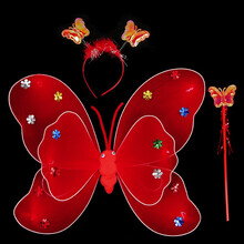 盛泉六一儿童节表演天使羽毛蝴蝶翅膀公主四件套魔法棒裙子可爱儿童道具舞蹈演出服装 红色双层三件套