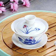 陶瓷盖碗茶杯青瓷泡茶碗家用大号冲茶器单个白瓷三才盖碗功夫茶具泡茶器 青花盖碗-莲花赞