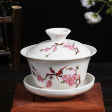 盖碗茶杯茶碗三才碗青花瓷白瓷盖碗茶具敬茶杯配件茶道茶备 盖碗-水点桃花
