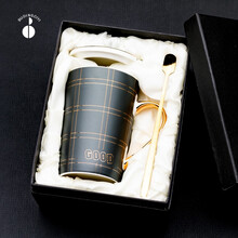 BUDINGCIYI 北欧风格创意陶瓷水杯 大容量家用马克杯个性潮流男女士学生咖啡杯子生日情人节礼物 格纹-绅士灰