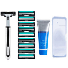 骏将旋转手动剃须刀 男士手动刮胡刀双层刀片老式胡须刀通用刀架2层刀头刮胡子刀片 剃毛刀剃腿毛 1刀架+9刀头+剃须膏+盒子