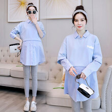 孕妇装春秋装孕妇衬衫中长款套装2020年春季新款套装时尚款产后可哺乳春装上衣宽松潮妈 蓝色上衣 M【推荐90-115斤】