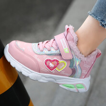 童鞋 秋冬季新款女童棉鞋加棉保暖儿童运动鞋皮面防水中大童小学生女孩冬鞋休闲跑步鞋 西瓜红加绒 35码鞋子内长约22.3cm