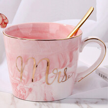 大理石纹陶瓷水杯马克杯 创意北欧ins咖啡杯牛奶杯果汁杯奶茶杯早餐麦片杯男女学生办公喝水水杯 陶瓷咖啡杯 斜口粉色