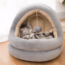 迪普尔 猫窝狗窝保暖冬夏季四季通用宠物猫咪狗狗毯垫子睡袋比熊泰迪秋冬半封闭屋猫床窝用品 吊球灰色款L（建议16斤猫咪/10斤狗狗） *