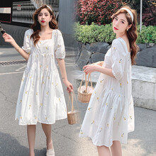 郁莎 孕妇装2021夏装新款宽松透气中长款孕妇连衣裙潮妈短袖孕妇上衣 白色 M