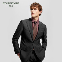 By Creations柏品商务职业正装单西服外套纯羊毛暗条纹西装结婚西新郎伴郎礼服 黑色 44 (165/84A)