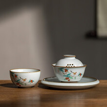 唐兴 汝窑盖碗茶杯单个陶瓷功夫茶具三才碗开片日式手抓壶冲茶器泡茶碗 喜鹊枇杷 盖碗+小碗杯+小壶承