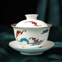 素臻（SUZHEN）景德镇银茶具999 加厚功夫盖碗鎏银茶杯碗茶具青花镶金陶瓷介杯大 鎏银-亚光白-福临门盖碗