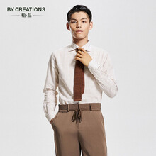 ByCreations柏品天然棉麻面料棉麻暗格纹衬衫男透气温莎领小众清新衬衣男 浅卡其色 38