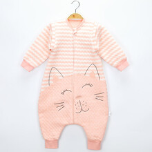 婴儿睡袋春秋薄款四季通用款夏季空调纯棉宝宝分腿睡袋儿童防踢被 夹棉可拆袖桔粉小猫(适宜15-25℃) 90码(参考身高80-95cm，2-3岁)