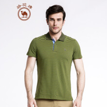 骆驼（CAMEL）男装 夏季翻领绣标条纹商务男青年短袖微弹T恤衫 黄绿 XL